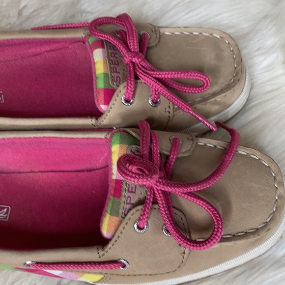 Sperry plad plaid green pink tan cream pink lace up boat shoes flats loafers - Picture 14 of 16